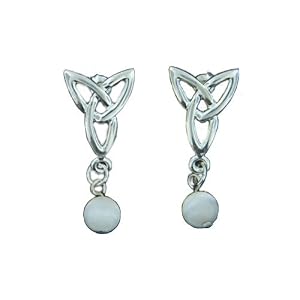 Silver Toned Irish Celtic Trinity Knot Dangle White Pearl Dust Bead Design Post Earrings