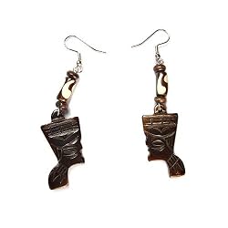 African Nefertiti Bone Dangle Earrings, Dark Brown
