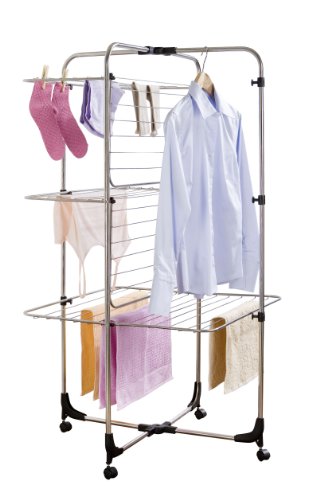 WENKO 3773052100 W&auml;schetrockner-Turm - 26 m Trockenl&auml;nge, zusammenklappbar, 3 Ebenen, Edelstahl rostfrei, 70 x 130 x 70 cm