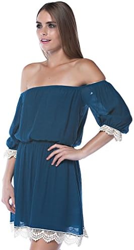 Orange Creek Women's Off Shoulder Crochet Lace Hem Woven Cotton Dress Teal Large