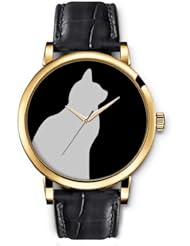 SPRAWL Aanalog Fashion Series Gold Ladies Watches of Genuine Black Leather Strap,Unique Wrist Watch for Women Girls Designed with Shadow Cat