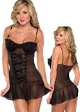 Sexy Sheer Black Babydoll Lingerie Dress with Lace Up Front and Rhinestone Straps