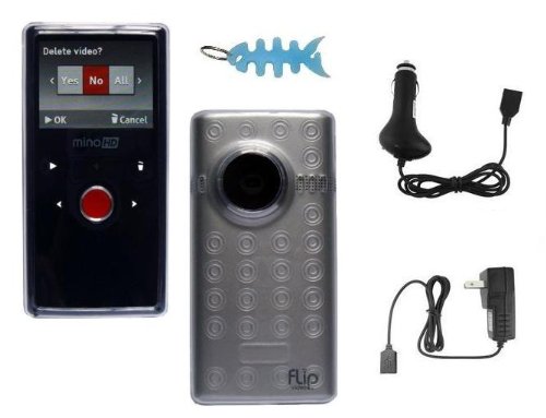 Flip MinoHD 120 Minutes Camcorder (2nd Generation) TPU Rubberized Skin Case Cover (Clear) + Home/Travel Charger + Car Charger + Fishbone Style Keychain