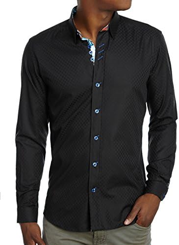 Au Noir Black Dress Shirt with Blue Buttons & Comic Strips Inspired Trim (Large)