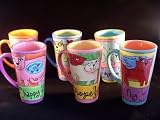 Ursula Dodge Cats Hand Painted Tall Latte Mugs -- Set of 6