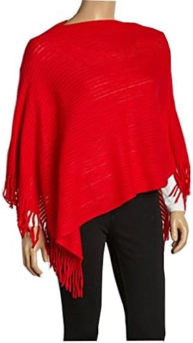 Knit Fringe Poncho Wrap Fall Winter Trend (Red)