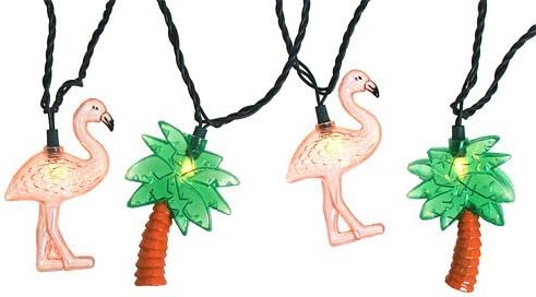 Set of 10 Flamingo & Palm Tree Patio Novelty Christmas Lights - Green Wire