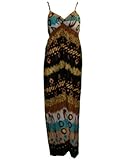 Cotton Woven Long Dress, Bra Pads, Black with Brown Yellow Blue White Print