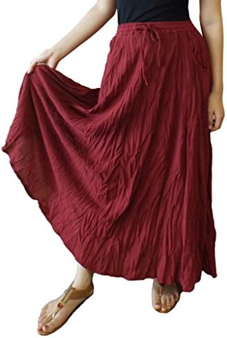 Malime Women's Solid Beach Bohemian Gypsy Maxi Long Cotton Skirt Maroon Red