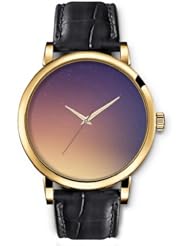 SPRAWL Aanalog Fashion Series Gold Ladies Watches of Genuine Black Leather Strap,Unique Wrist Watch for Women Girls Designed with Sky of stars in a twilight