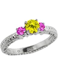 0.81 Ct Round Canary Diamond Pink Sapphire 18K White Gold 3-Stone Ring
