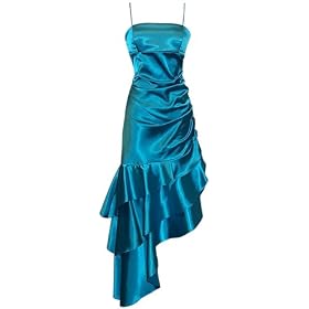 Ruched Ruffle Satin Prom Gown Holiday Party Cocktail Dress Bridesmaid
