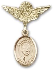 14K Gold Baby Badge with St. Eugene de Mazenod Charm and Angel with Wings Badge Pin