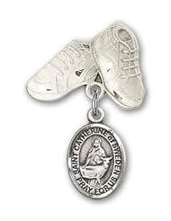 Sterling Silver Baby Badge with St. Catherine of Sweden Charm and Baby Boots Pin