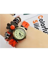 KANO BAK(TM) Fashion Weave Wrap Around Press Button Leather Retro Bracelet Woman Girl Unisex Sunflower Wrist Nice Gift Watch Orange