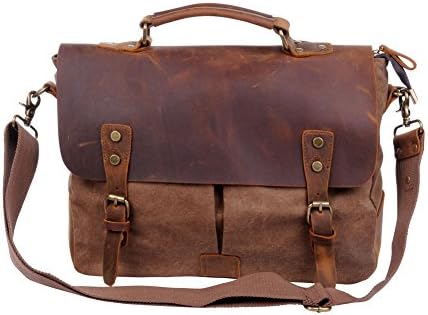 Qiangqiang Unisex Leather Canvas Crossbody Laptop Messenger Shoulder Bag Brown