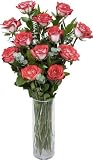 One Dozen Long Stem Red Delicious Roses with Cylinder Hand Blown Glass Vase