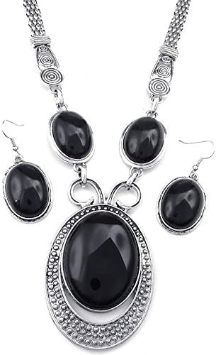 KONOV Jewelry Womens Oval Pendant Necklace Dangle Earrings Set, Adjustable Chain, Black Silver