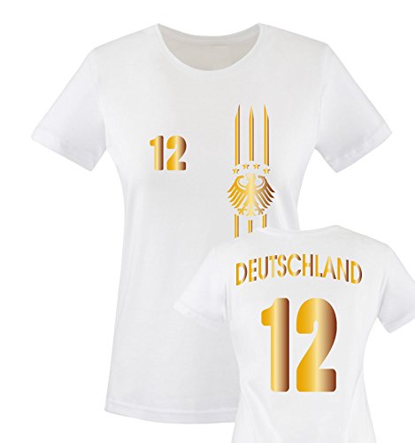 EM 2016 – TRIKOT – MOTIV1 – DEUTSCHLAND – 12 – Damen T-Shirt – Weiss / Gold Gr. S