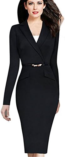 JOYEASYBUY Women's Long Sleeve V Neck Button Wear to Work Business Office Sheath Dress Black X-Large