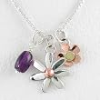 Daisy Flower Pendants in Sterling Silver, Brass and Copper with Amethyst Gemstone Bead on a 16" Box Chain, #8684