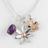 Sterling Silver, Brass and Copper Daisy Flower Pendants with Amethyst on 16 Box Chain, #8684