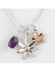 Daisy Flower Pendants in Sterling Silver, Brass and Copper with Amethyst Gemstone Bead on a 16" Box Chain, #8684