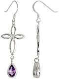 Sterling Silver Cross-shaped Celtic Fish Hook Dangle Earrings, w/ Pear Cut Natural Amethyst Stone, 2" (50mm) tall