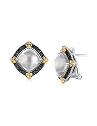 18K Yellow Gold and Sterling Silver Cabochon Earrings with Black Sapphire Edging