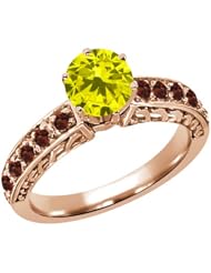1.22 Ct Round Canary Diamond Red Garnet 925 Rose Gold Plated Silver Ring