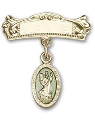 Gold Filled Baby Badge with Blue St. Christopher Charm and Arched Polished Badge Pin
