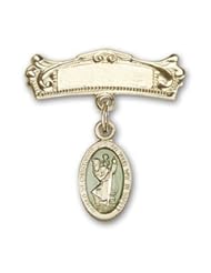 Gold Filled Baby Badge with Blue St. Christopher Charm and Arched Polished Badge Pin