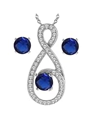 2.25 Ct Round Blue Created Sapphire 925 Sterling Silver Pendant Earrings Set 18"