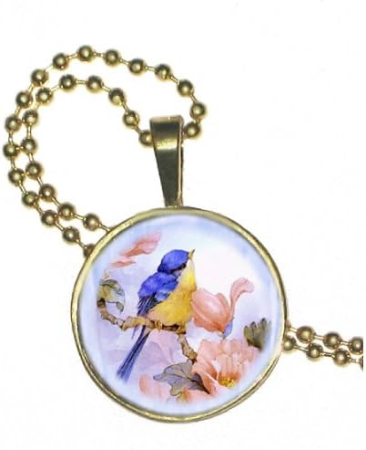 Blue Bird on Magnolia Post Card on Round Silver Plated Pendent with 24" Silver Plated Ball Chain