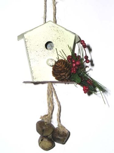 6″ White Vintage Tin Bird House Christmas Ornament