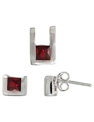 Sterling Silver Matte-finish U-shaped Stud Earrings (6mm tall) & Pendant (10mm tall) Set, w/ Princess Cut Ruby-colored CZ Stones