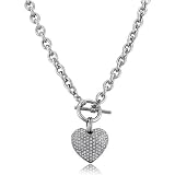 Silver Tone Puffed Heart Pendant Toggle Necklace - For Valentines Day Gift