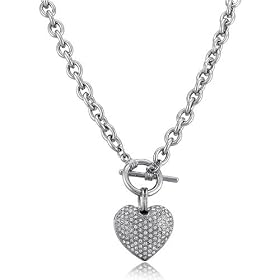 Silver Tone Puffed Heart Pendant Toggle Necklace - For Valentines Day Gift