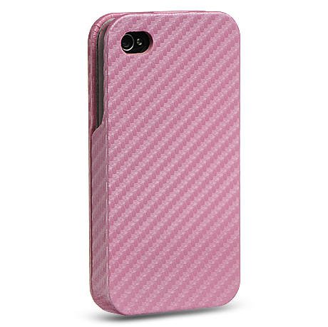 Best Price Premium Hot Pink Magenta Executive Series Hard Crystal Carbon Fiber Fabric Snap-on Case for Apple iPhone 4, 4G - Full Case with Flip