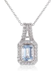 Sterling Silver Octagon Shape Aquamarine Round Created White Sapphire Pendant Necklace, 18"