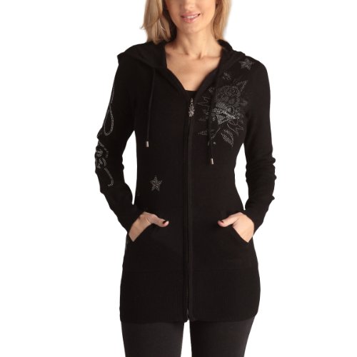 Ed Hardy Zip Up Hoodie Tunic Sweater -Black