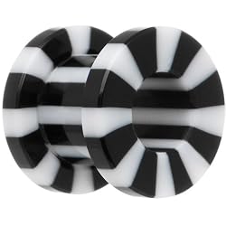 0 Gauge White and Black Striped Acrylic Threaded Tunnel