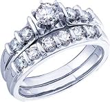 Ladies 14k White Gold 1 Ct Round Cut Diamond Wedding Engagement Bridal Ring Set thumbnail