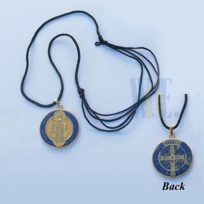 Great for Men or Boys, Catholic &amp; Religious St. Benedict Medal with Black Cord Necklace. Beautiful Blue St. Benedict Medal with Adjustable Necklace. This Lovely St. Benedict Medal Measures 1.25" in Diameter with Blue Enamel Accents. Catholic Saint Benedict Patron Saint of Kidney Disease, Poison Sufferers, Students, Poisoning, School Children, Homeless, Monks.