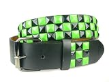 Snap On Punk Rock Black & Lime Green Star Studded Checker Board Pattern Leather Belt