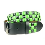 Snap On Punk Rock Black & Lime Green Star Studded Checker Board Pattern Leather Belt