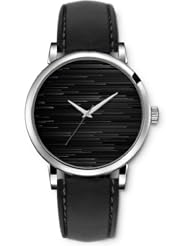 SPRAWL Aanalog Fashion Series Silver Ladies Watches of Genuine Black Leather Strap,Unique Wrist Watch for Women Girls Designed with White stripes on black background