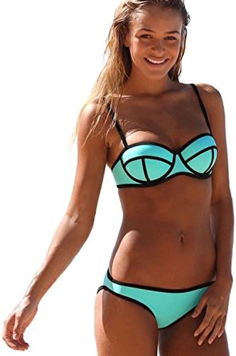 Rivoria Women's NEON Triangle Bandage Push Up Bikini Top & Bottom Set (Medium, Cyan Blue)