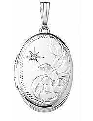 14k White Gold Engraved w/Diamond Oval Locket 3/4 inch x 1 inch