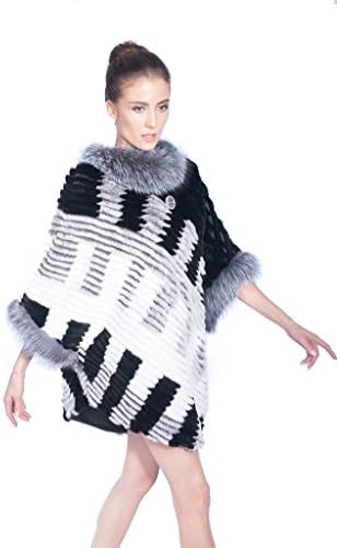 QDFUR Women`s Silver Fox Fur Trimming Rabbit Fur Pullover Black Free Size